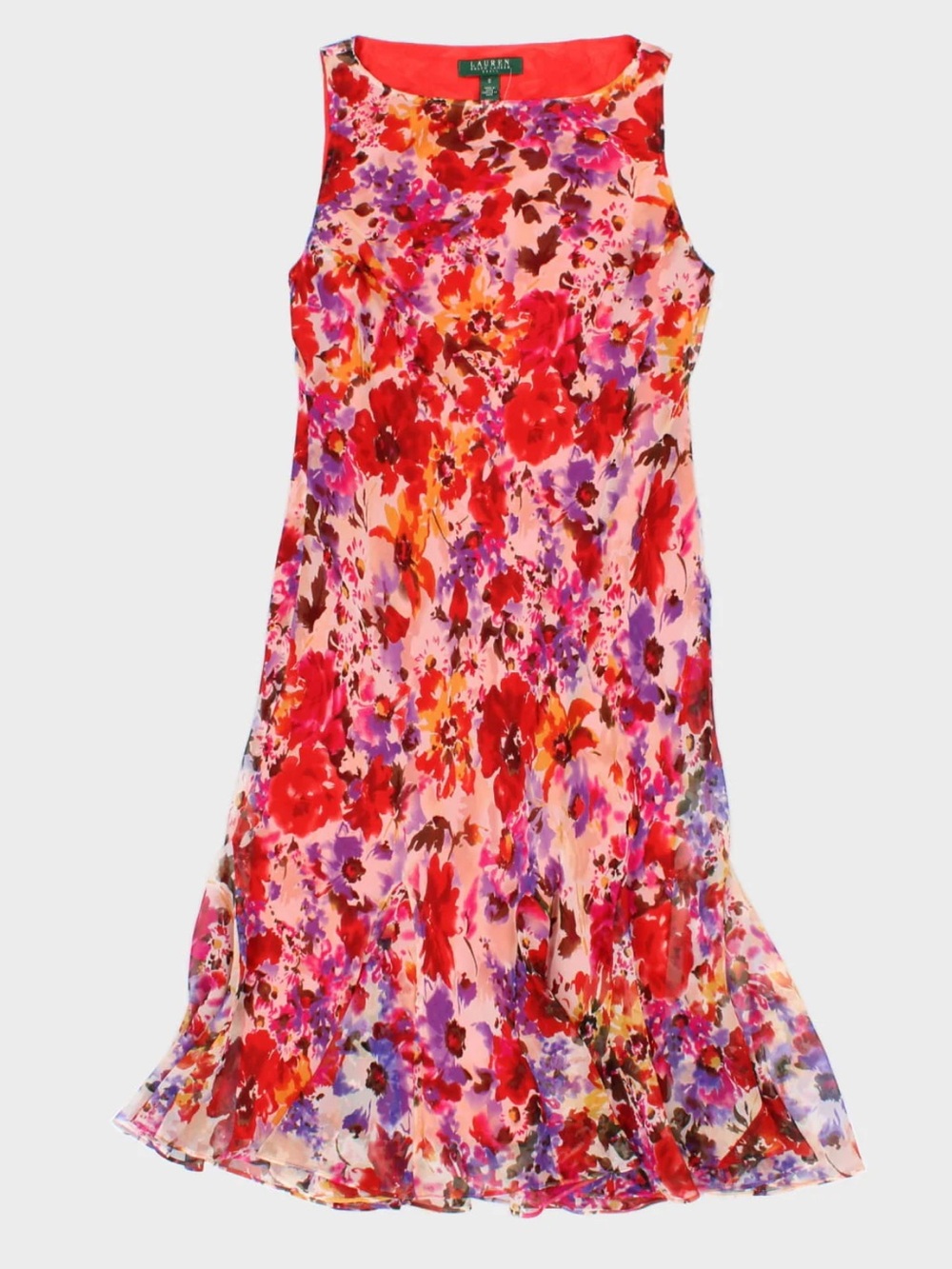 Lauren Ralph Lauren 100% Silk Pink Red Floral Sleeveless Dress